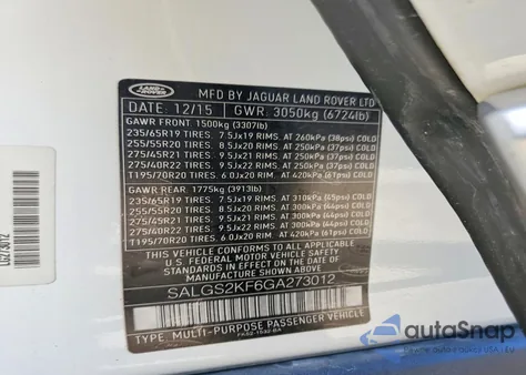 2016 Land Rover Range Rover Hse z USA, uszkodzony, nr VIN SALGS2KF6GA273012
